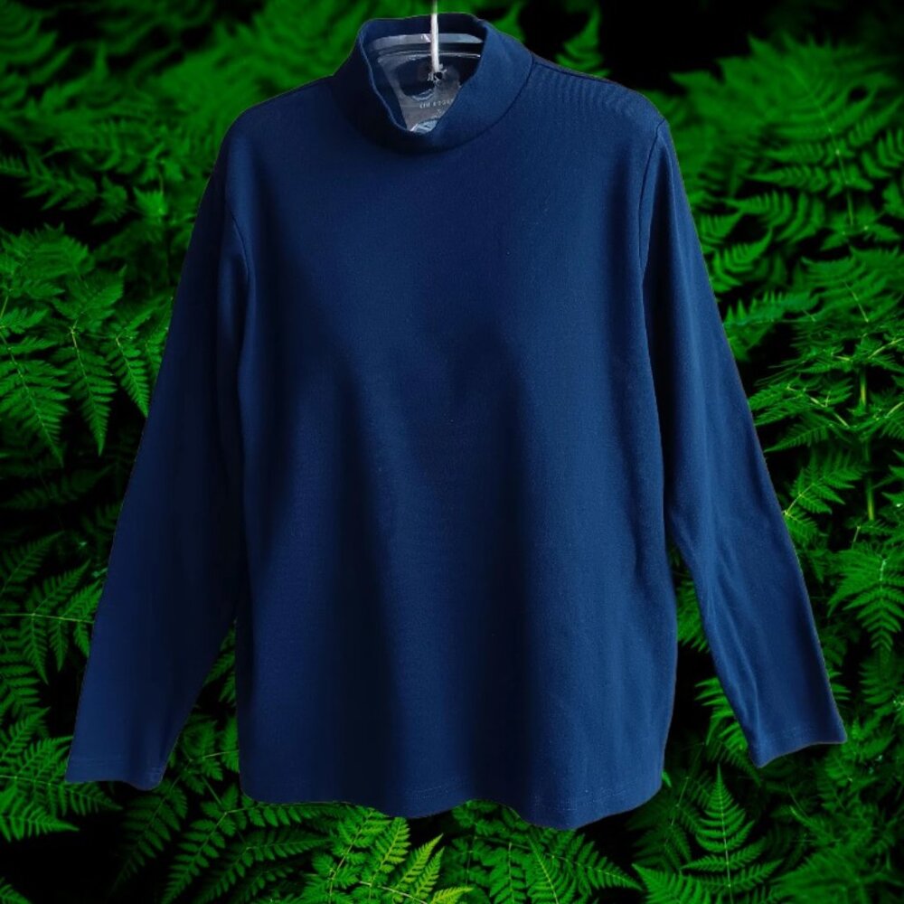 Kim Rogers Womens Top Pullover Mock Neck Cotton Long Sleeves Navy Size XL